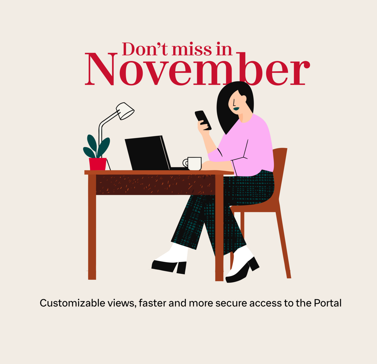 Woman working on the laptop using her phone while sitting on a desk